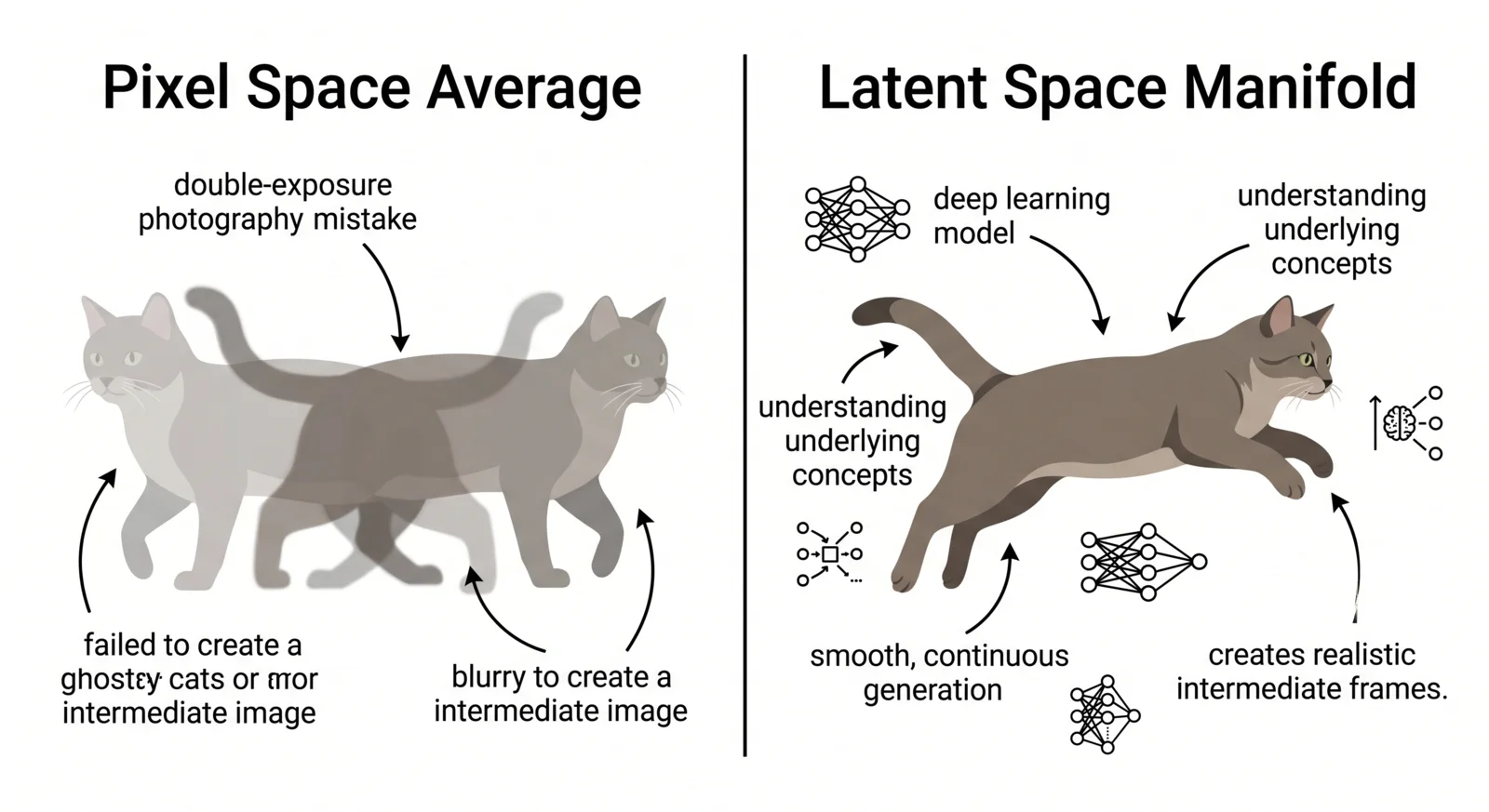 Left: averaging two cat photos pixel by pixel produces a blurry double exposure. Right: interpolating in a learned latent space produces one clear cat mid-leap.